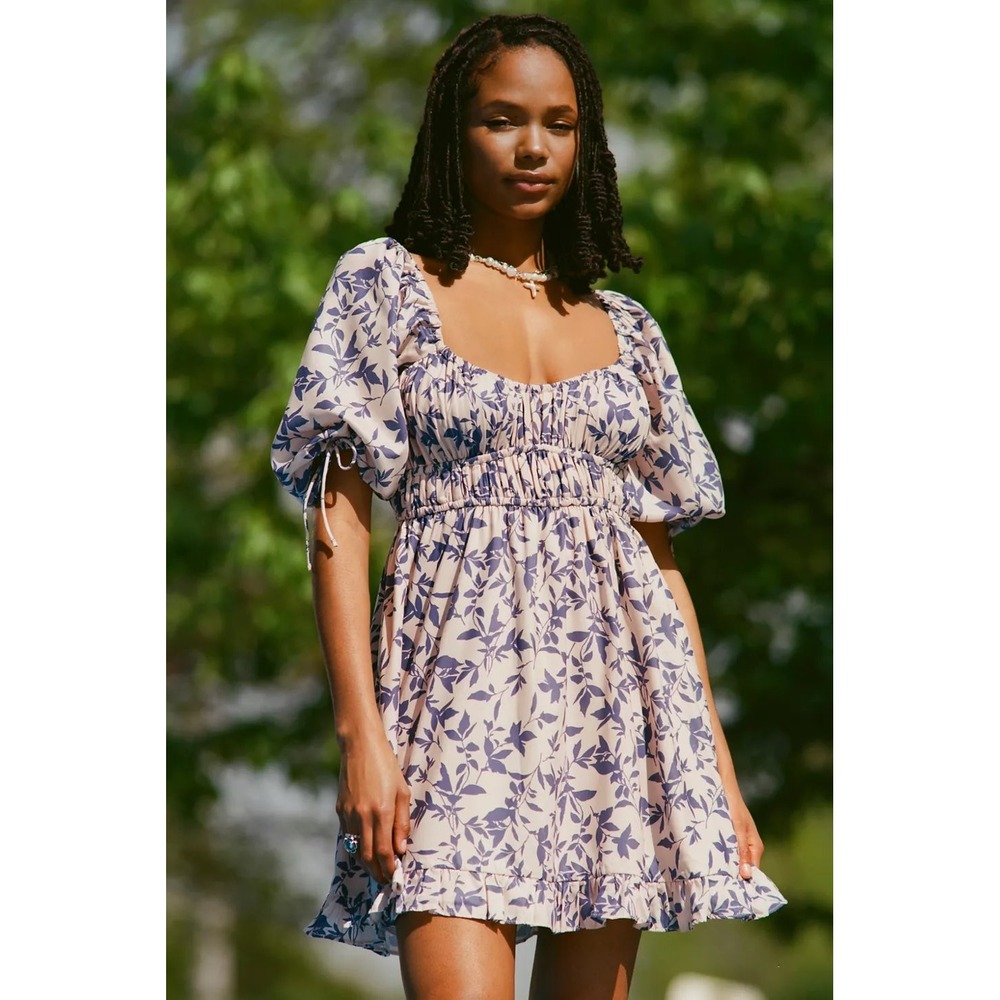 Urban Outfitters Blue Floral Milkmaid Dress Puff Sleeve Cottagecore Mini M